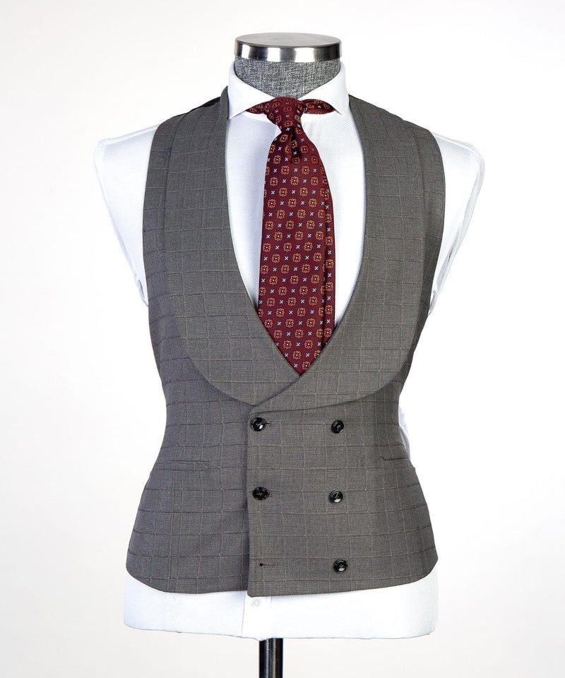 3 pieces Men’s Grey Plaid Suit